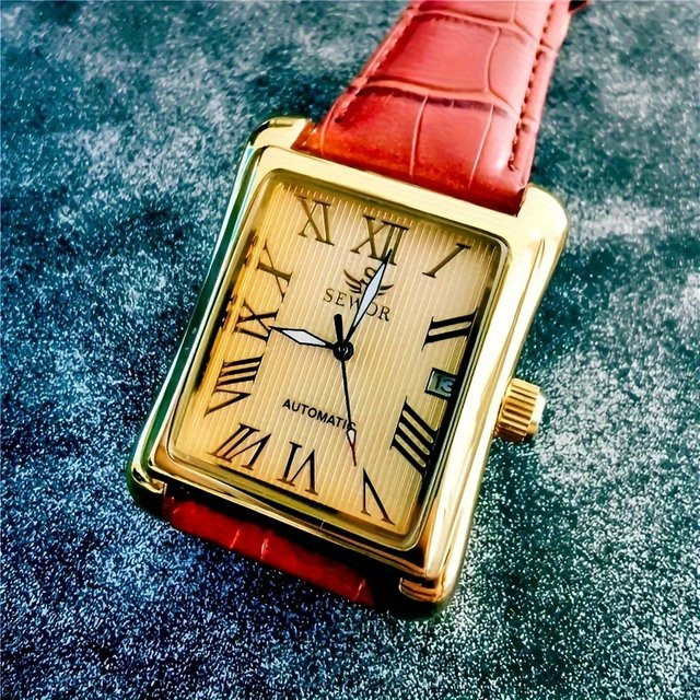 AOKULASIC Armbanduhr, mechanisch, Eckig, Gold, Leder, Herren - Bild 1