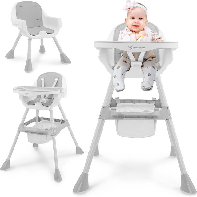 Moby-System Magnolia 2-in-1 Hochstuhl mit verstellbarer Tablettauflage und Sicherheitsgurt aus Kunstleder in Grau und Weiß - Bild 1