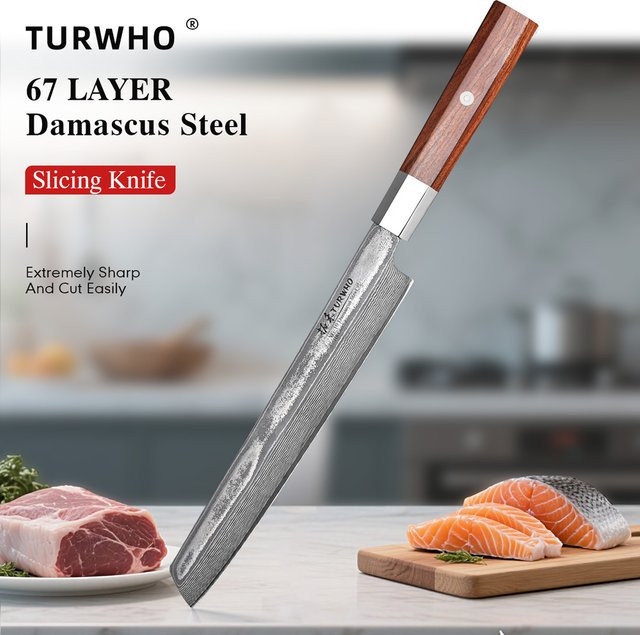 TURWHO Damaszener Stahl Schneidemesser, handgefertigtes japanisches Schnitzmesser und Sashimi-Fleischbeil mit Holzgriff, 21,59 cm - Bild 1