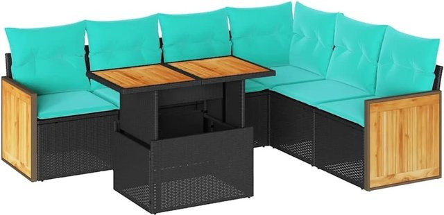 vidaXL 7-teilige Garten-Sofagarnitur aus Poly-Rattan und Akazienholz in Schwarz mit Kissen - Bild 1