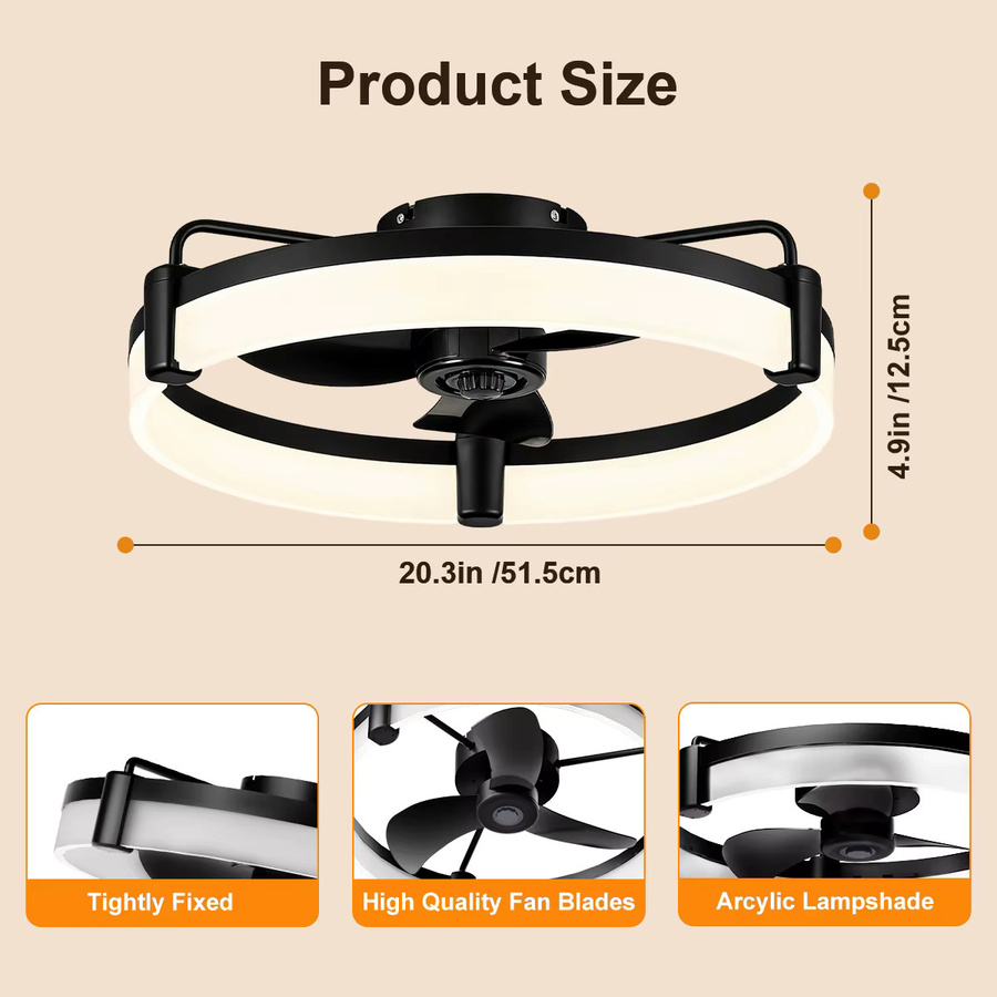 Moderner Deckenventilator aiopp mit LED-Ringbeleuchtung in Schwarz und Weiß, 3 Farben dimmbar, 6 Geschwindigkeiten, reversibler DC-Motor, ultra-leise, flaches Design für Wohnzimmer und Schlafzimmer - Bild 4