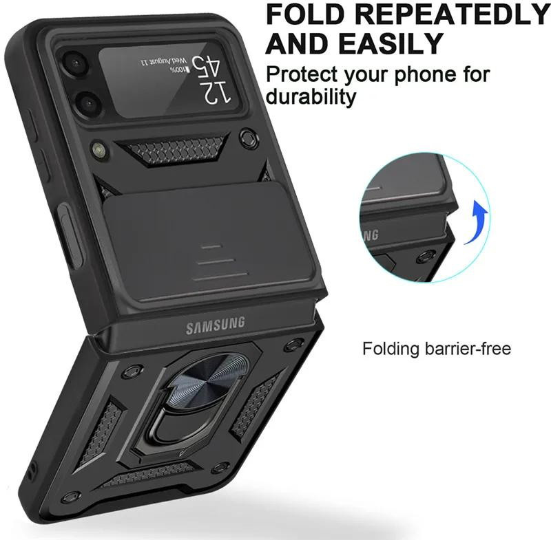 Armor Stoßfeste Hülle für Samsung Galaxy Z Flip 5 mit Magnetischem Ringhalter Ständer und Schiebe-Objektivabdeckung in Schwarz - Bild 3