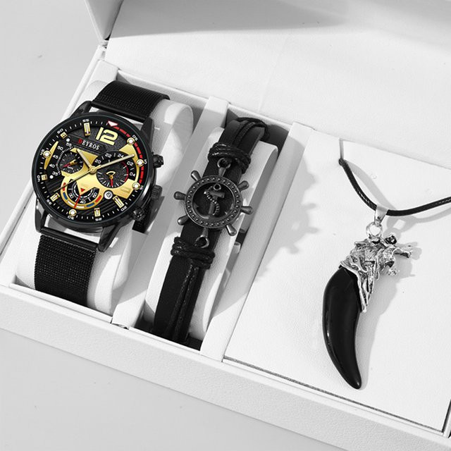 DEYROS Armbanduhr, Quarz, Edelstahl, Milanaise, Schwarz, Silber, Herren - Bild 1