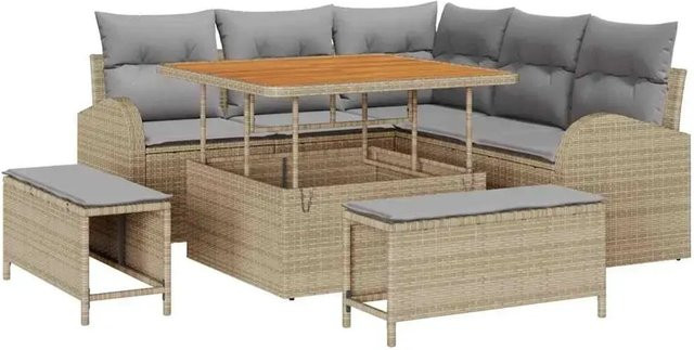 vidaXL Garten-Sofa-Set aus Poly-Rattan in Beige, 8-teiliges L-Shape Lounge-Set mit Kissen für Terrasse und Balkon - Bild 1