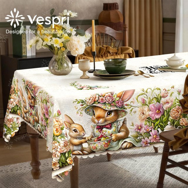 Vespri Oster-Tischdecke mit Blumen und Hasen in Weiß und Rosa aus Polyester für Partys und Feste - Bild 1