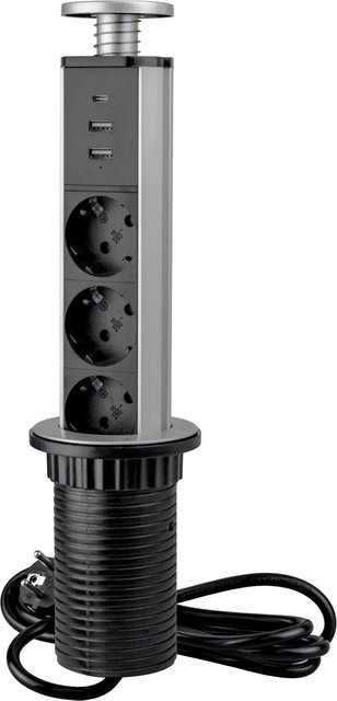 Emuca Abnehmbarer Multistecker Vertikal mit 3 Schuko-Steckdosen, 1 USB Typ A und 1 USB Typ C in Metallic Grau - Bild 1