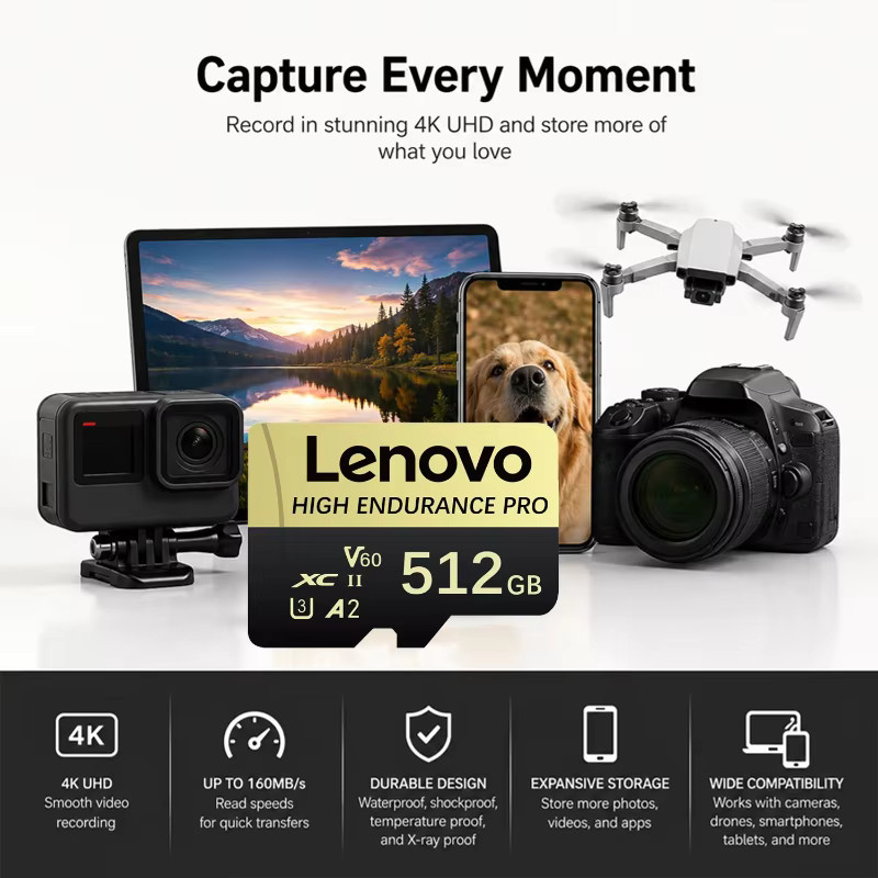 Lenovo Extreme Pro Micro SD-Karte 512GB High Endurance Speicherkarte für 4K Full HD Drohnen und Kameras - Bild 2