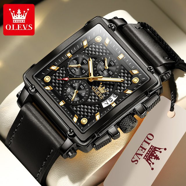 OLEVS Armbanduhr, Quarz, Edelstahl, Leder, Schwarz, Gold, Herren - Bild 1