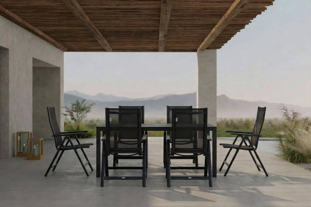 OUTFLEXX Garten-Essgruppe in Anthrazit mit 6 Klappstühlen aus Alu, Spraystone und Textil, Tisch B: 160 cm, T: 95 cm, H: 74 cm - Bild 1