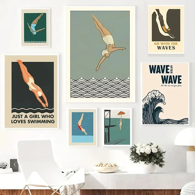 Minimalistisches Taucher Poster von Potdemiel als ästhetische Leinwandmalerei in Mehrfarbig für deine Wanddekoration - Bild 1