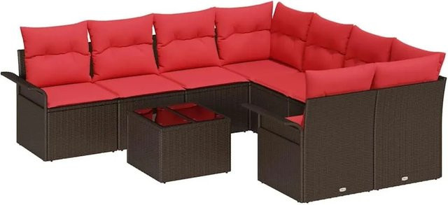 vidaXL Gartensofa-Set aus Poly-Rattan in L-Form mit 9 Kissen in Beige und Rot - Bild 1