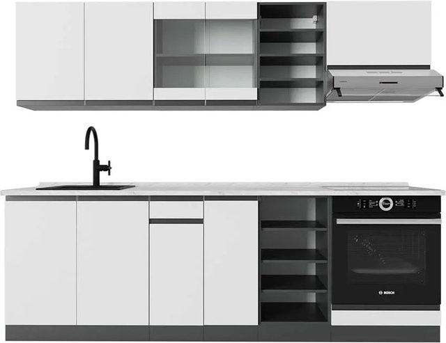 Vicco R-Line Küchenzeile Weiß/Anthrazit mit Marmor-Optik, Breite: 240 cm - Bild 1