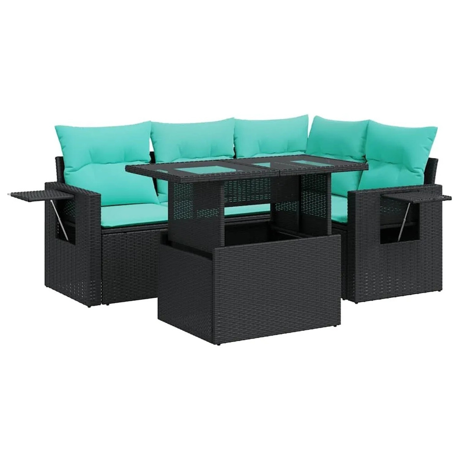 vidaXL 5-teilige Garten-Sofagarnitur aus Poly-Rattan und Akazie in Schwarz mit Kissen - Bild 2