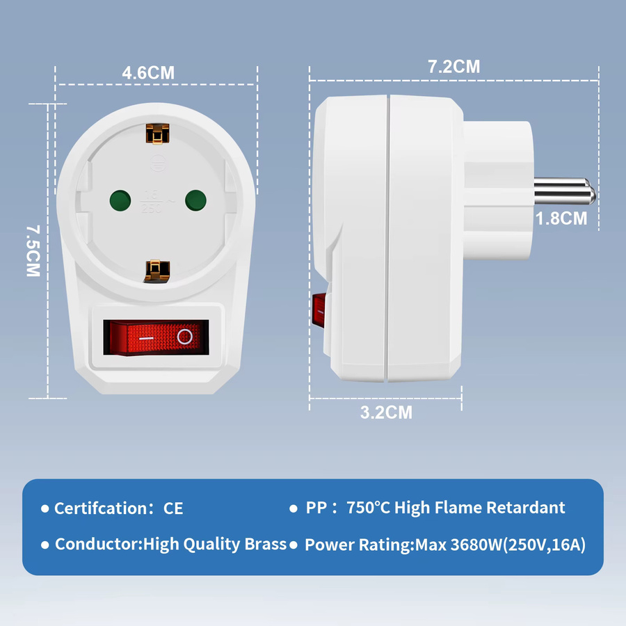 HITRENDS EU-Steckdosenadapter mit Schalter in Weiß, geerdet, 250V 16A - Bild 2