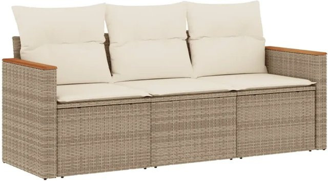 vidaXL 3-teilige Garten-Sofagarnitur aus PE-Rattan in Beige mit Kissen und pulverbeschichtetem Stahlgestell - Bild 1