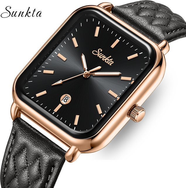 SUNKTA Armbanduhr Damen, Quarz, Leder, Roségold, Eckig, Schwarz - Bild 1