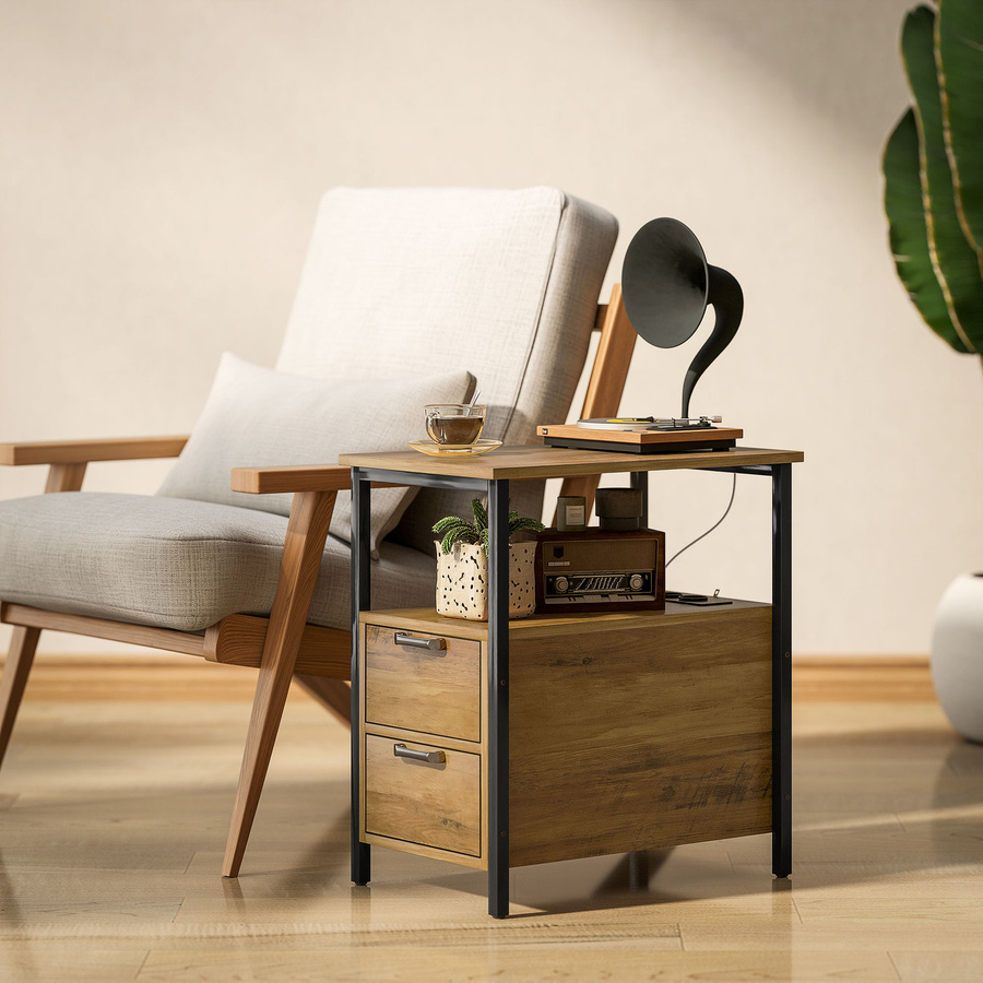 HOMCOM Beistelltisch und Nachttisch in Naturholz mit Metallrahmen, 2 Schubladen, Regal sowie 2 Steckdosen und USB- sowie Typ-C-Anschluss, Braun - Bild 2