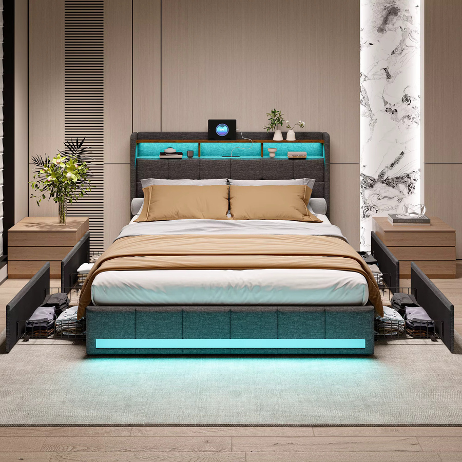 FEEOHOME Polsterbett mit 4 Stauraum Schubladen und LED-Kopfteil inklusive USB-Ladefunktion, Doppelbett aus Leinen in Grau, B/T: 180 x 200 cm - Bild 5
