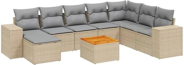 vidaXL 9-teilige Garten-Sofagarnitur in L-Form aus Poly-Rattan und Akazienholz mit Kissen in Beige-Grau - Bild 1