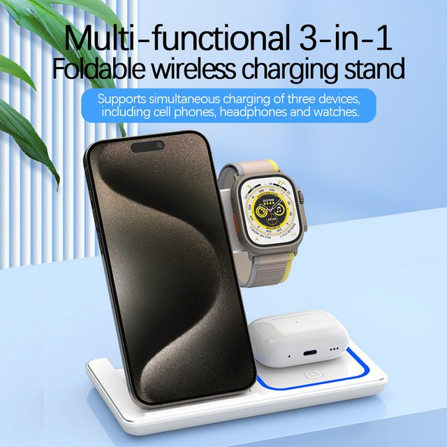 Faltbare 3-in-1 kabellose Ladestation in Weiß für iPhone 12 bis 17 Pro Max, iWatch Ultra und AirPods Pro 4/3 mit 15W Schnellladefunktion - Bild 1