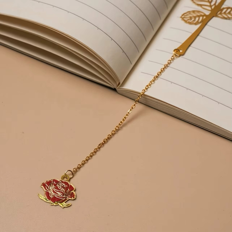 Elegantes Rosen-Blumen-Lesezeichen aus Metall in Rot und Gold für Buchliebhaber - Bild 2