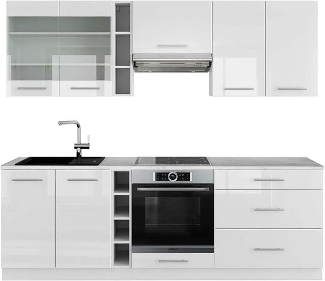 Vicco Fame-Line Küchenzeile Weiß Hochglanz mit Marmor-Optik, Breite: 235 cm - Bild 1