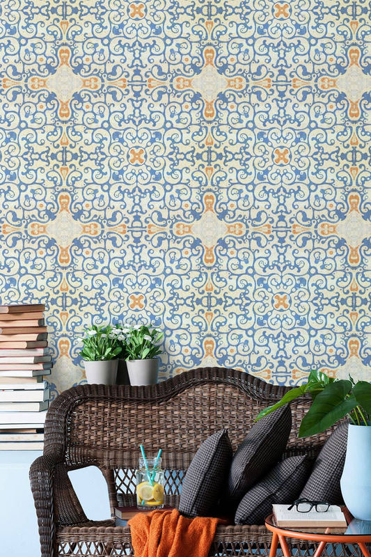 MINDTHEGAP Tapete Spanish Tile WP20054 mit geometrischem mediterranem Muster in Blau, Orange und Multicolour - Bild 2