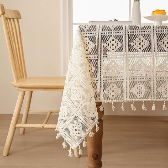 ILVISEST Tischdecke aus Baumwolle und Leinen mit Karomuster und Fransen in Beige, B: 140 cm, T: 100 cm - Bild 1