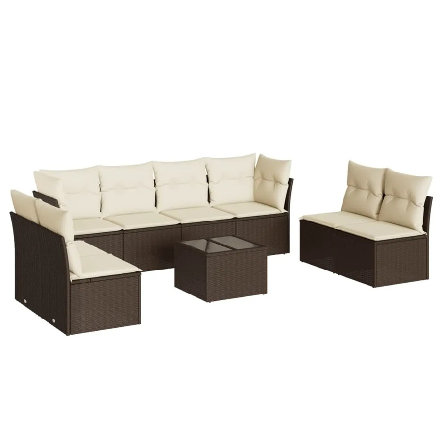vidaXL 9-tlg. Garten-Sofagarnitur in L-Form aus Poly-Rattan mit Kissen und Couchtisch in Braun und Weiß - Bild 2