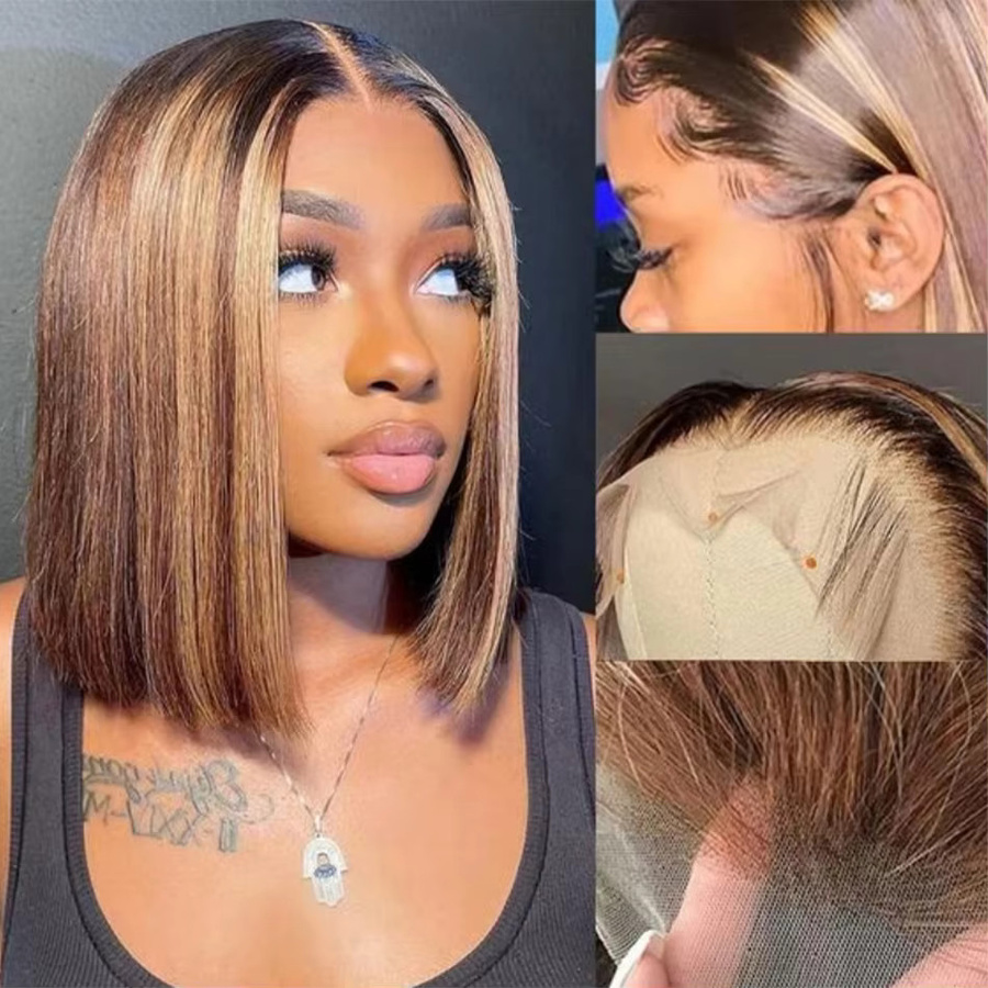 Duoxuan Bob-Perücke, 100% Echthaar, Blonde Highlights, 16 Zoll - Bild 4