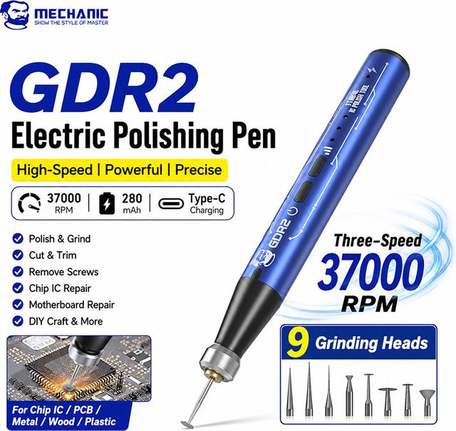 MECHANIC GDR2 Elektrischer Polierstift mit 9 Schleifköpfen für IC-Chip-Schleifen, PCB-Schneiden und Handy-Reparaturwerkzeuge - Bild 1