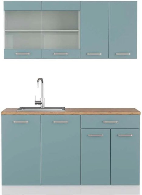 Vicco R-Line Singleküche modern in Blau-Grau/Weiß mit Eiche-Optik, B/T/H: 140 x 60 x 81,6 cm - Bild 1