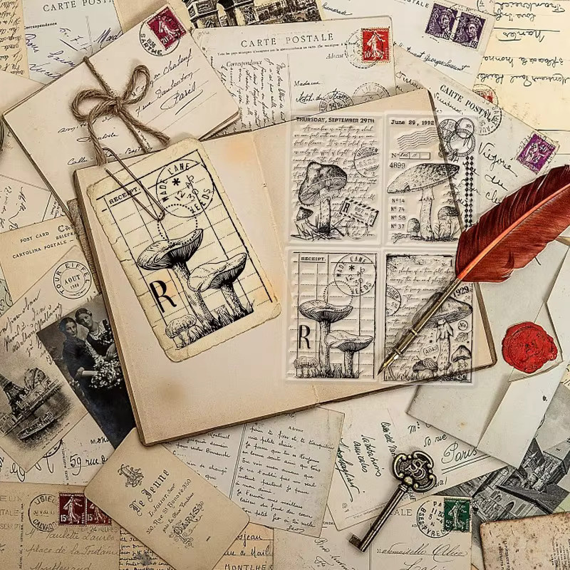 Transparentes Silikonstempel-Set mit 4 Vintage-Pilzmotiven für die Kartenherstellung, B/H/T: 21 x 14,8 x 0,3 cm - Bild 3