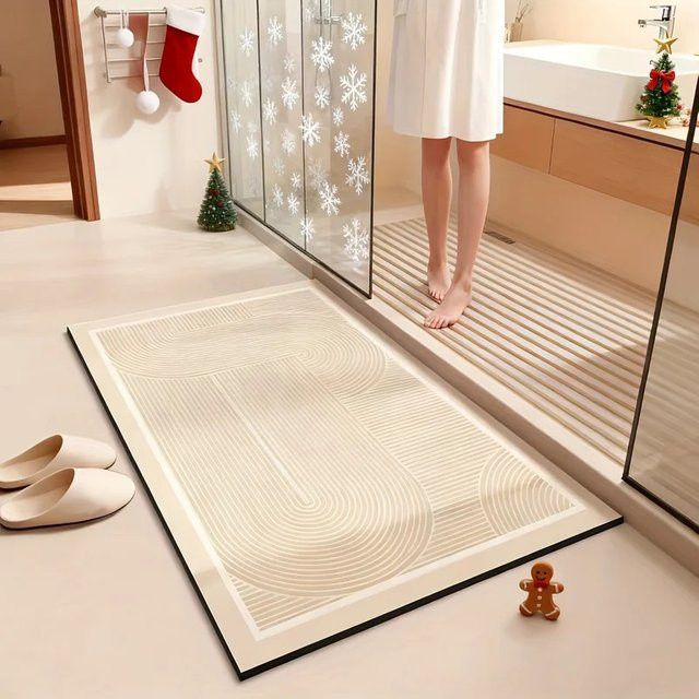 VIKAMA Moderner Badezimmerteppich in Beige, rutschfest und schnell trocknend, rechteckiger Duschteppich mit grafischem Design - Bild 1