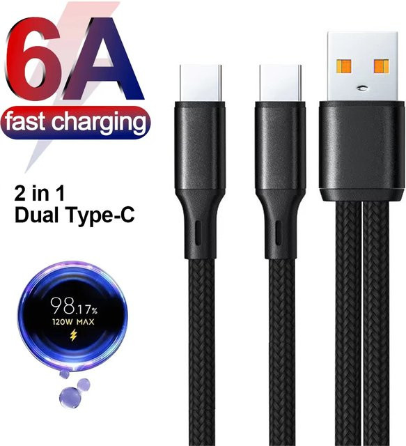 VBNM 2-in-1 Dual Type-C Splitter-Kabel USB-A zu USB-C Schnelllade- und Datenkabel in Schwarz - Bild 1