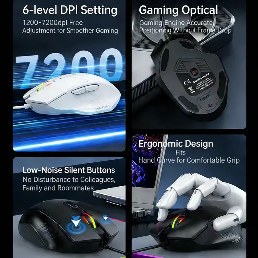 KEBIDUMEI RGB Gaming-Maus mit 7200 DPI, 6 Tasten und ergonomischem Design in Schwarz/Mehrfarbig - Bild 5
