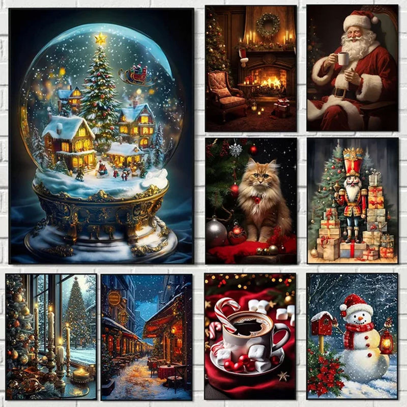 Potdemiel Leinwandgemälde mit Weihnachtsmann und Weihnachtsbaum in klassischem Design, mehrfarbig, Hochformat - Bild 1