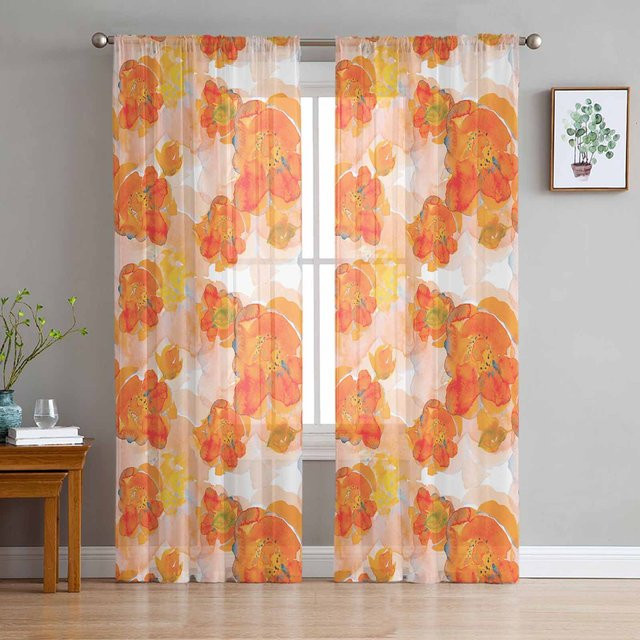 Super Six Chiffon-Fenstervorhang mit handgemaltem orangefarbenem Aquarell-Blumenmuster, transparent, B: 135 cm, H: 160 cm - Bild 1