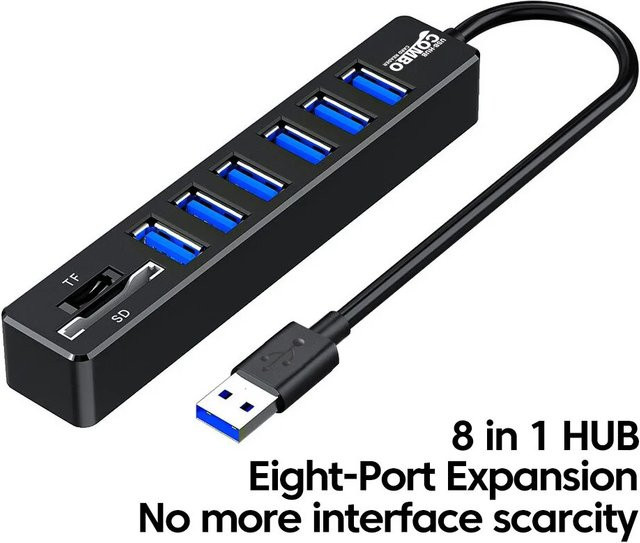 USB 2.0 Multi Port Hub mit 6 Anschlüssen und TF SD Kartenleser Adapter in Schwarz für Laptop und PC - Bild 1