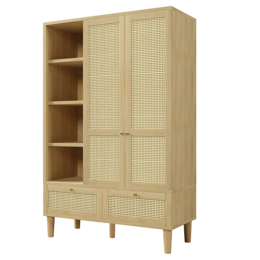Merax Kleiderschrank im skandinavischen Design mit Rattan und integrierten Schubladen, Eiche, B/T/H: 120 x 50 x 180 cm - Bild 2