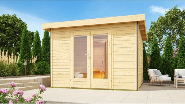 Karibu Saunahaus Magnus 1 Set aus nordischer Fichte in Natur/Beige mit 9 kW Ofen und externer Steuerung - Bild 1