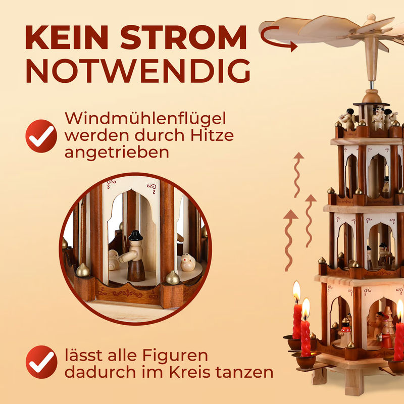 Spielwerk® Kerstpiramide XL in klassischem Holzdesign, Braun, Höhe: 60 cm, Breite: 20 cm, Tiefe: 20 cm - Bild 4