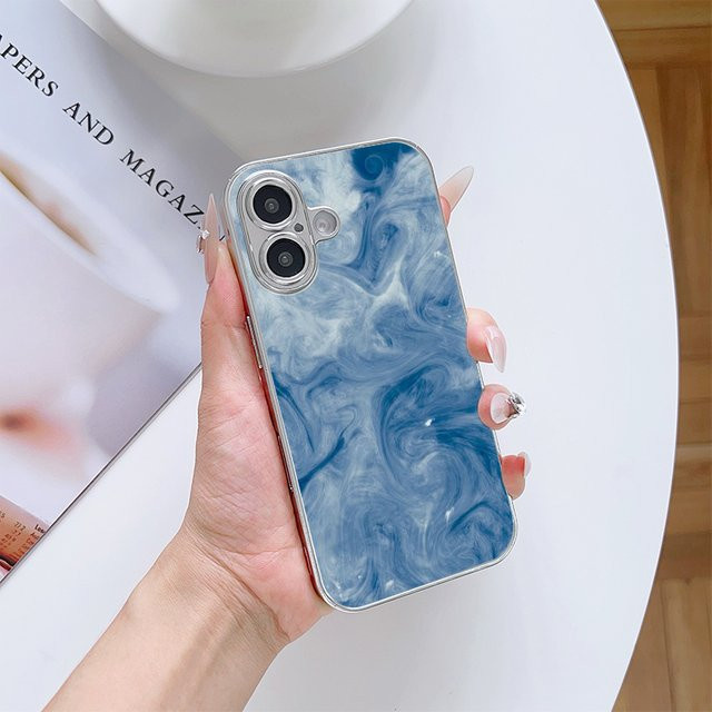 AIR PLUS Meereswellen Handyhülle aus galvanisiertem Glas für iPhone 11 bis iPhone 17 Pro Max in Blau und Silber - Bild 1
