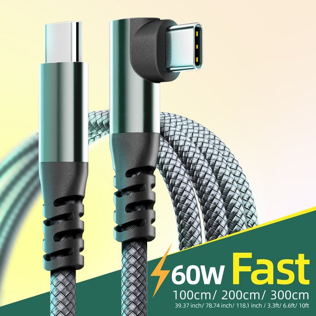 LAIHONEN USB-C auf USB-C Schnellladekabel mit Winkelstecker 60W in Schwarz - Bild 1