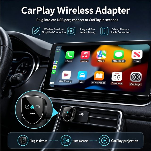 4-in-1 Wireless CarPlay und Android Auto Adapter von uhulamb, Bluetooth und Wi-Fi Dongle in Schwarz - Bild 1