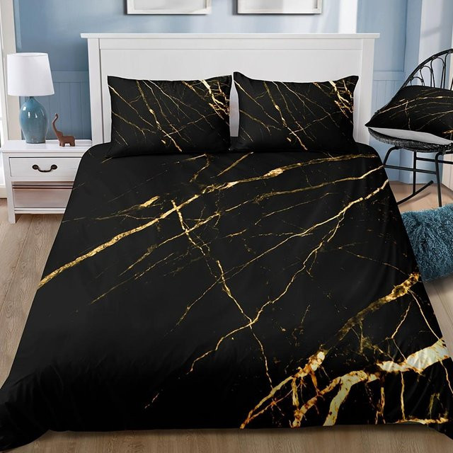 3-teiliges Marmorbettwäscheset Your Warm Home in Schwarz und Gold mit Marmordruck, bestehend aus 1 Bettbezug und 2 Kissenbezügen, B/H: 230 x 200 cm, Kissenbezüge: 50 x 70 cm - Bild 1