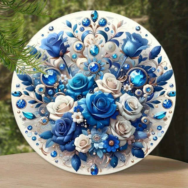 Potdemiel Blue Rose Metall-Wanddekoration in Blau, runde florale Wandgestaltung für den Eingangsbereich und das Badezimmer, Durchmesser: 20 cm - Bild 1