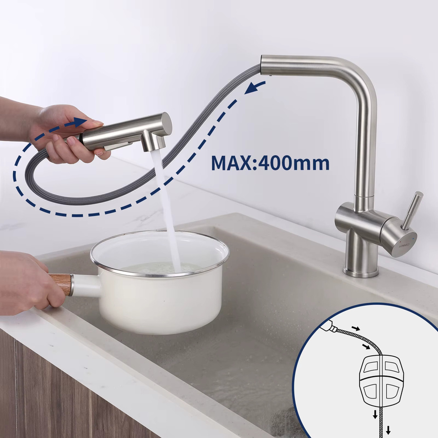 Küchenarmatur CECIPA max aus Edelstahl gebürstet in Silber, L-Form mit herausziehbarer Brause, 360 Grad schwenkbarer Auslauf und 3 Strahlarten als Einhandmischer - Bild 3