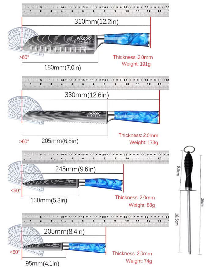 WXCOO Professionelles Japanisches Santoku-Küchenmesser mit Damaszener-Muster und blauem Kunstharzgriff - Bild 5