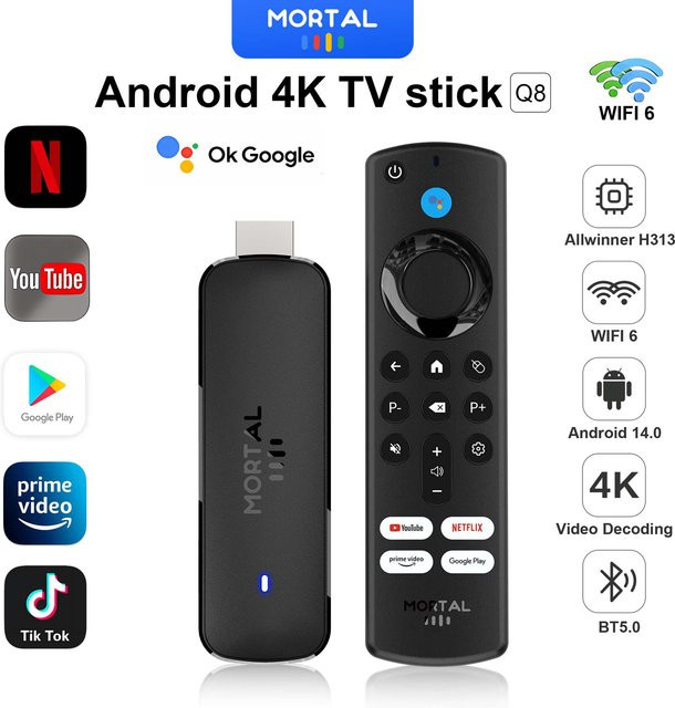 Mortal Q8 Android TV Stick Globale Version mit Sprachfernbedienung, Android 14, 8K und 4K Video, Wifi6, Schwarz - Bild 1